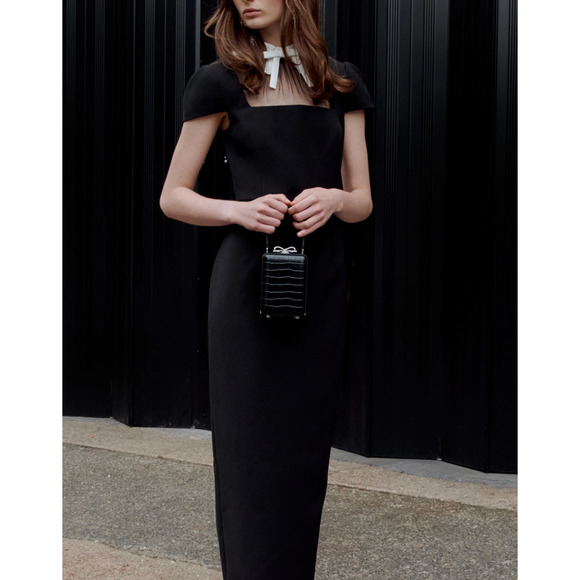 Self-Portrait Black Crepe Bow Collar Midi Dress US 4 - Picture 6 of 11